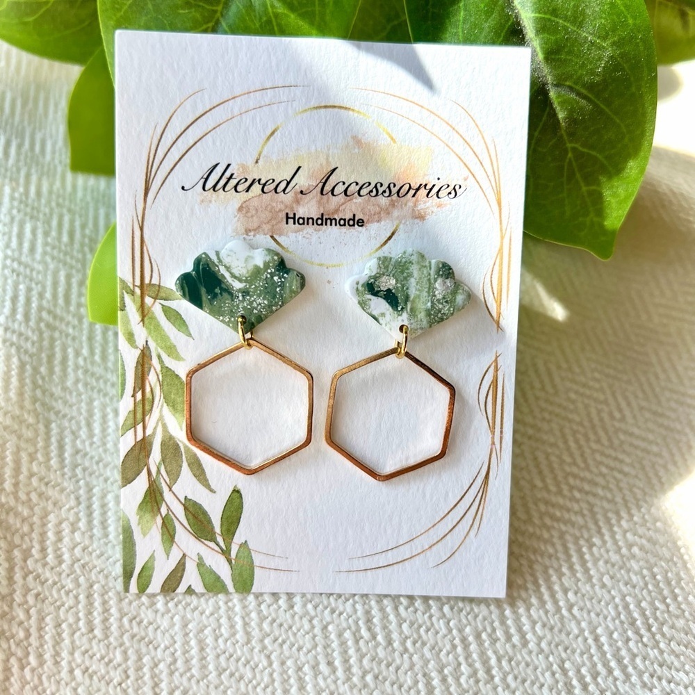 2/$30 Green and Gold Scallop Hexagon Earrings